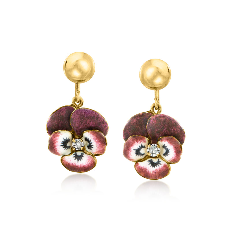 Multicolored enamel flower drop earrings in 14kt yellow gold with diamond-like center