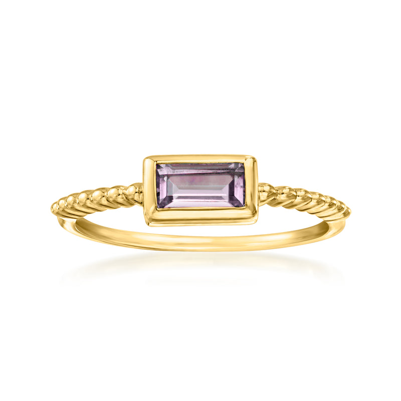 Gold-tone ring with rectangular purple gemstone and twisted split-shank