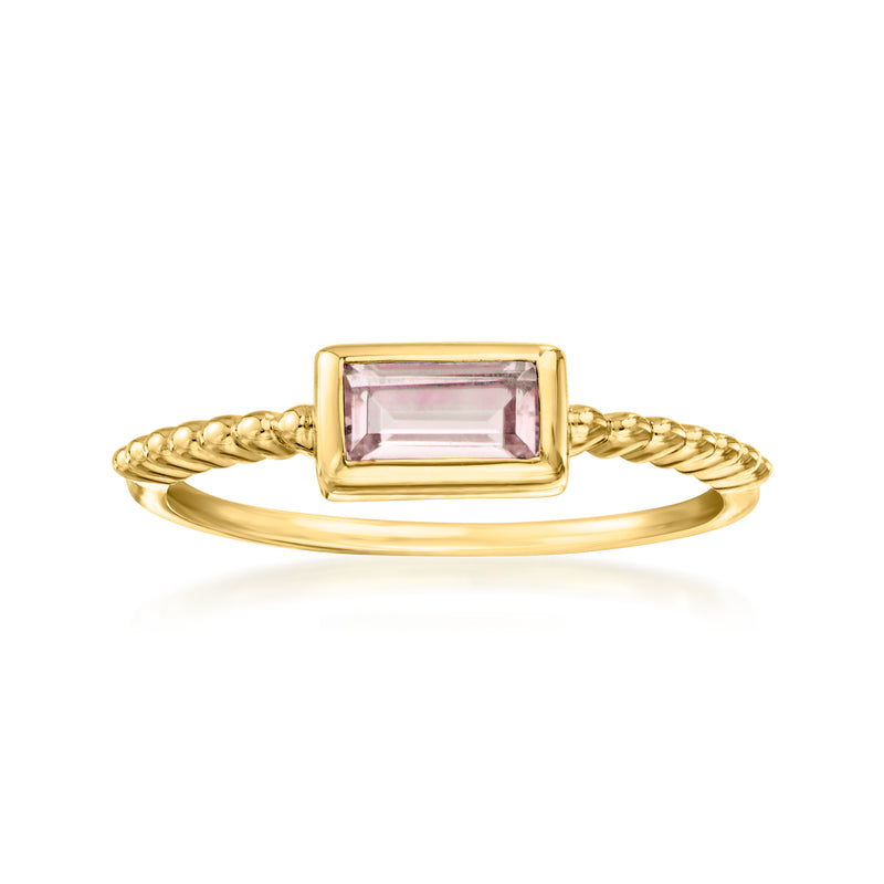 Gold-tone ring with rectangular purple gemstone and twisted split-shank