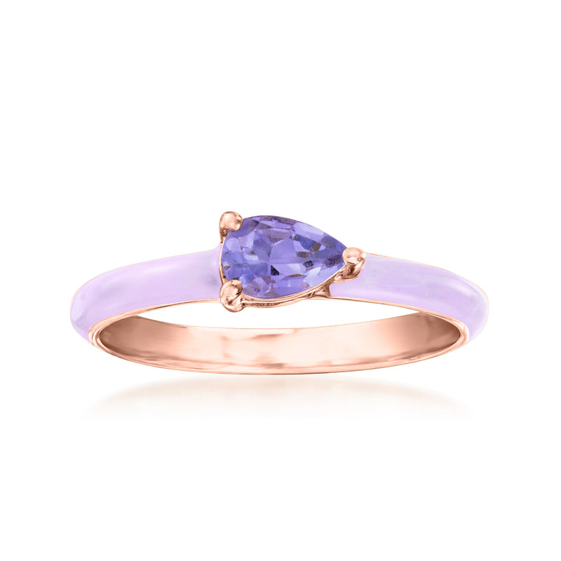 Rose gold ring with pear-cut purple tanzanite center and pastel lavender enamel band