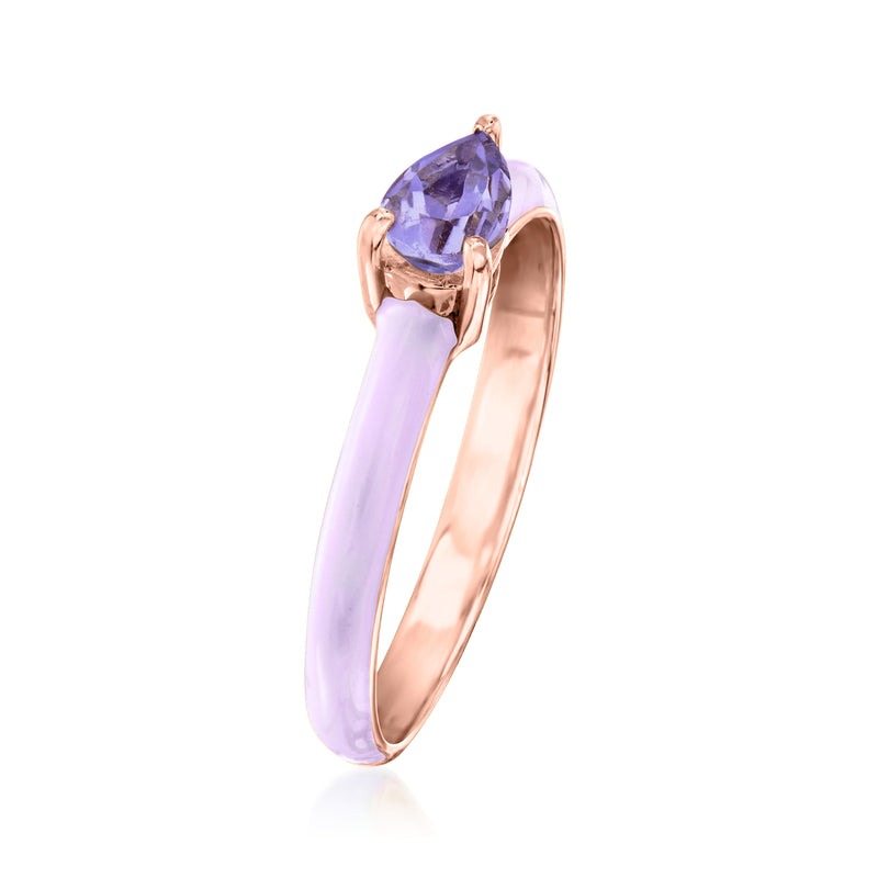 Rose gold ring with pear-cut purple gemstone and pastel lavender enamel on shank