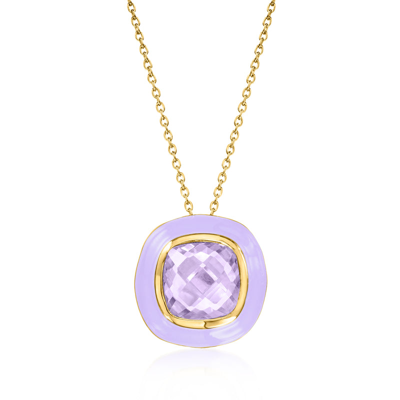 Amethyst pendant necklace with pastel purple enamel round bezel, 18kt gold over sterling