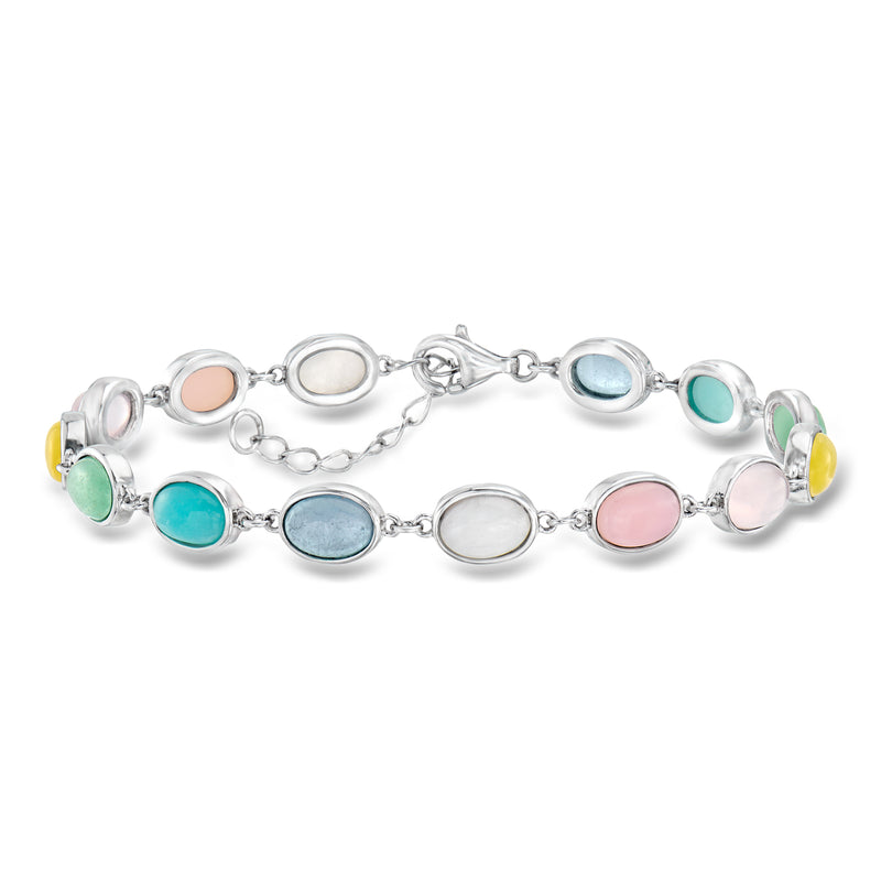 Sterling silver bracelet with oval pastel multi-gem links: pink, blue, teal, green, yellow.
