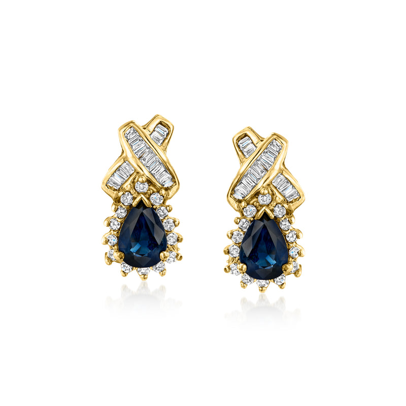 14kt yellow gold drop earrings with blue sapphire teardrop and diamond accents