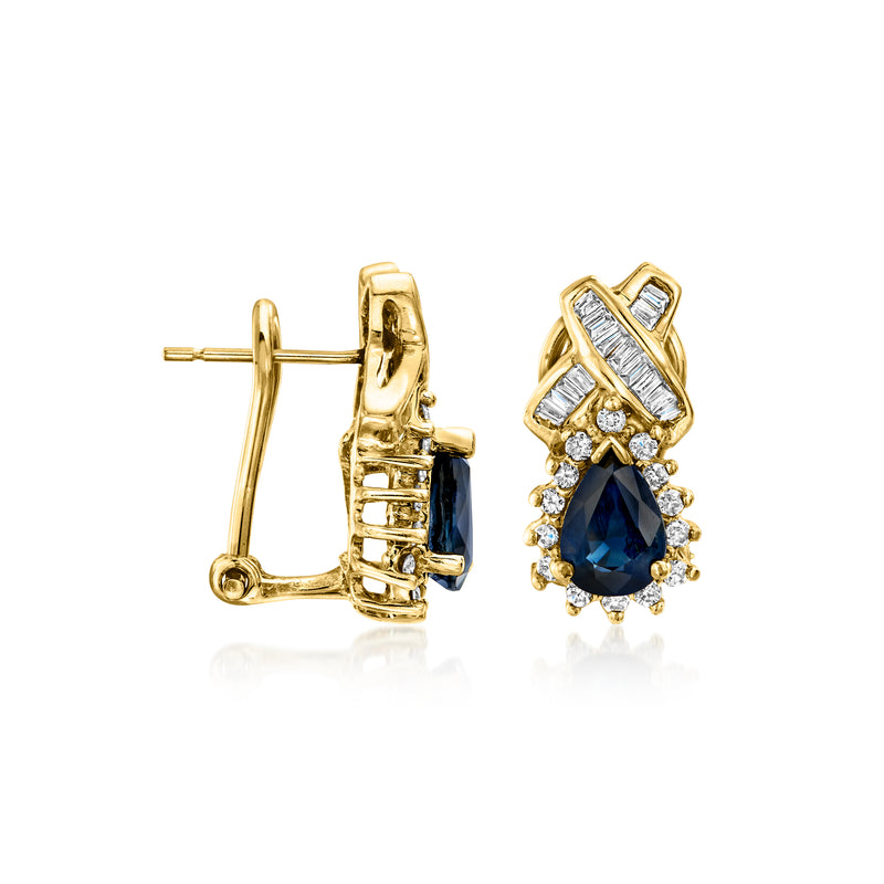 14kt yellow gold clip/post back earrings with blue sapphire teardrop and diamonds