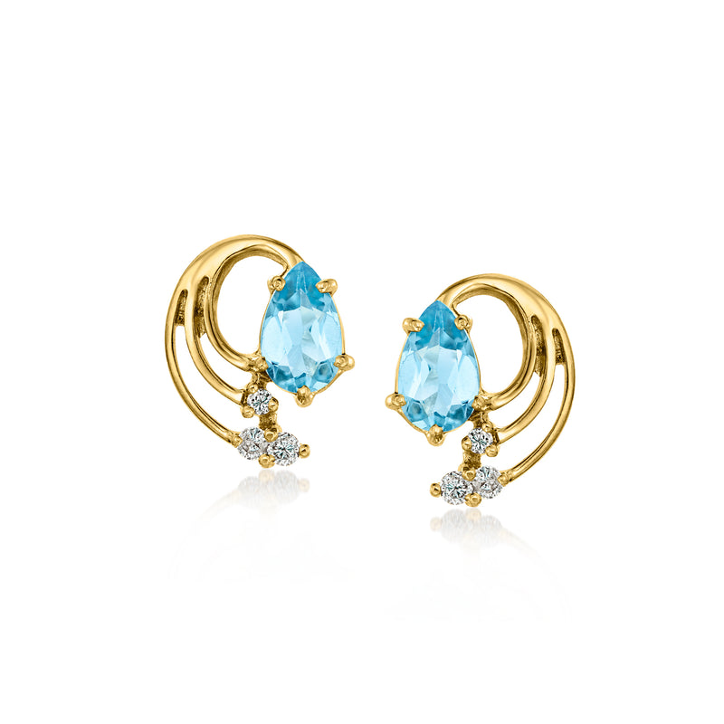 14kt yellow gold swirl topaz and diamond post earrings with oval blue gemstones