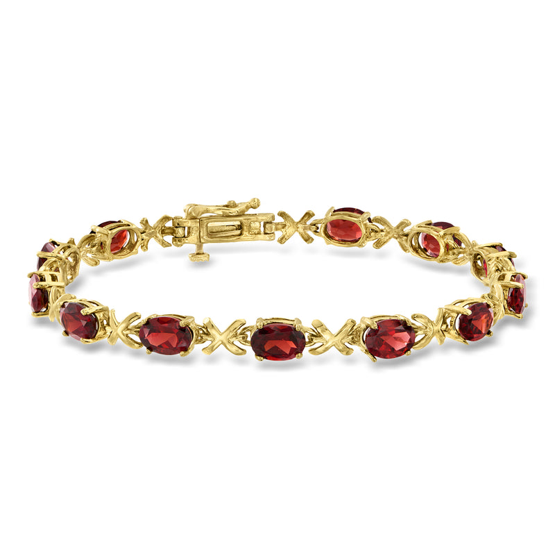 14k yellow gold garnet XO bracelet with oval and marquise red gemstones, hinged clasp