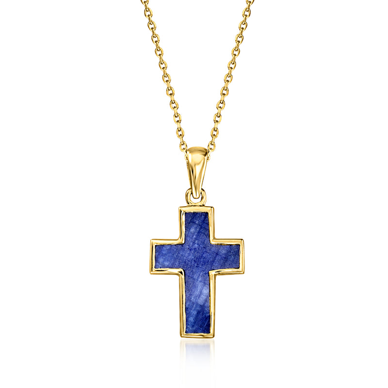 Gold cross pendant necklace with blue sapphire-style center stone on chain