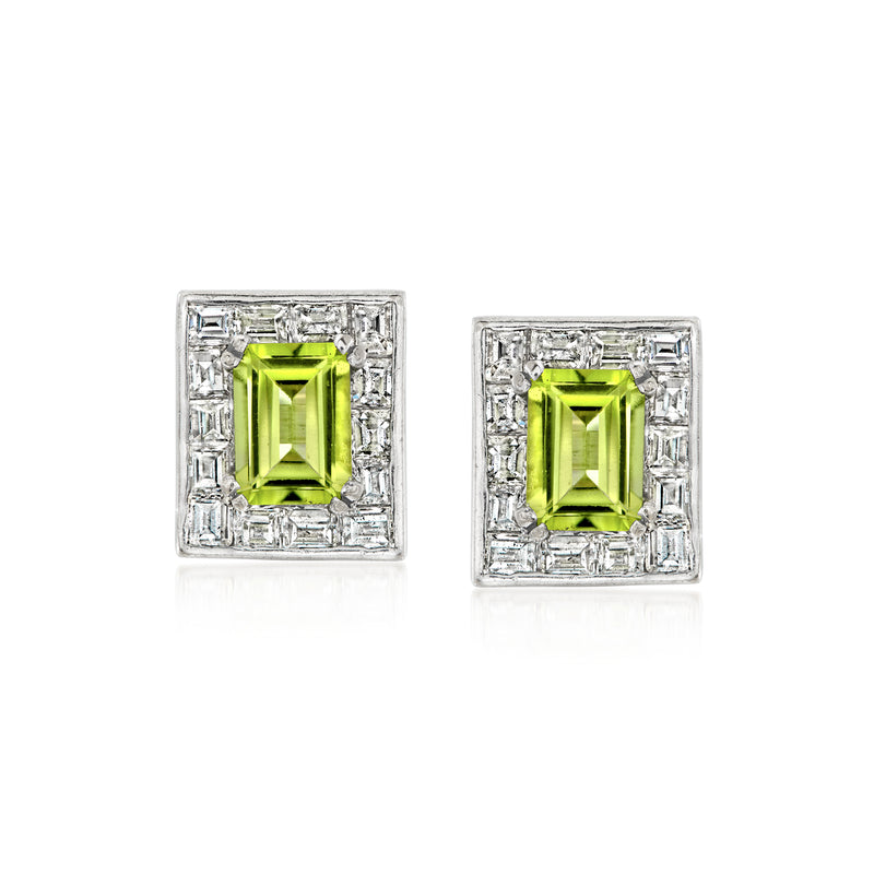 10kt white gold stud earrings with square peridot and diamond halo