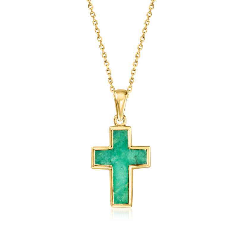 Emerald cross pendant necklace with gold chain and rectangular emerald-toned stone