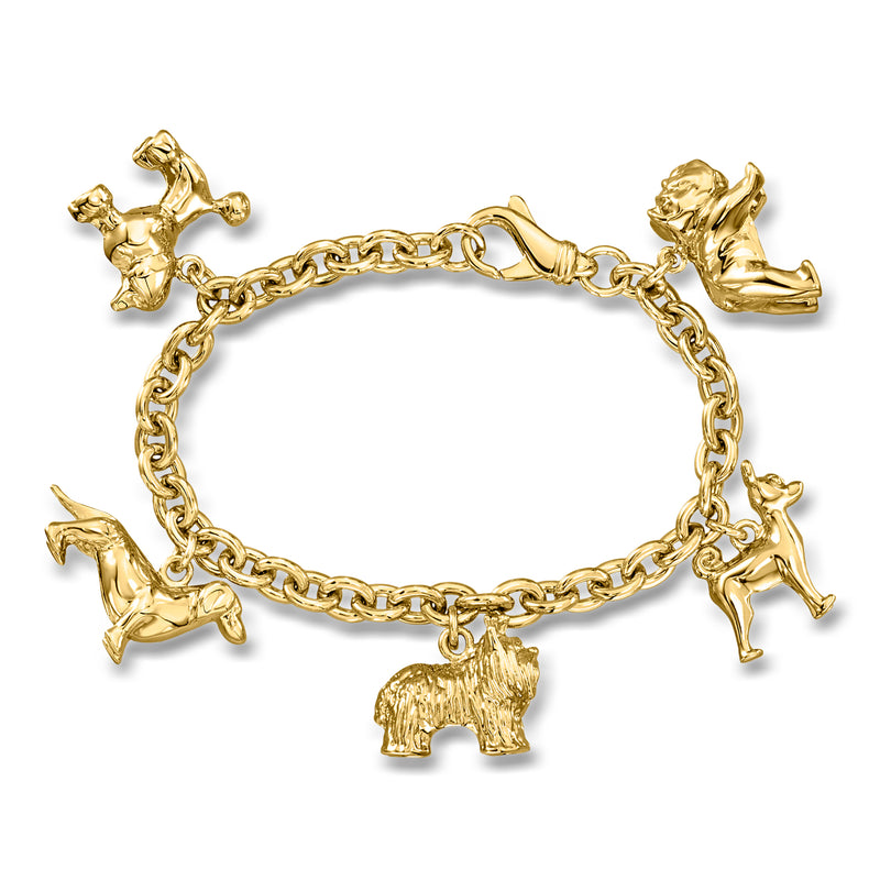 Yellow gold-plated dog charm bracelet with five dog charms and lobster clasp