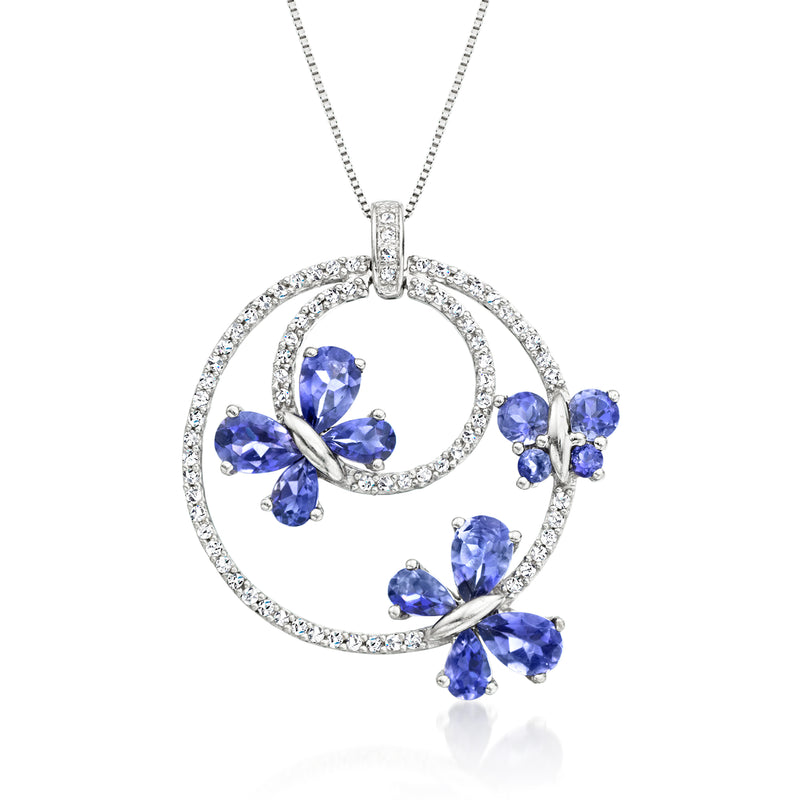 14kt white gold butterfly circle pendant necklace with blue iolite and diamond accents