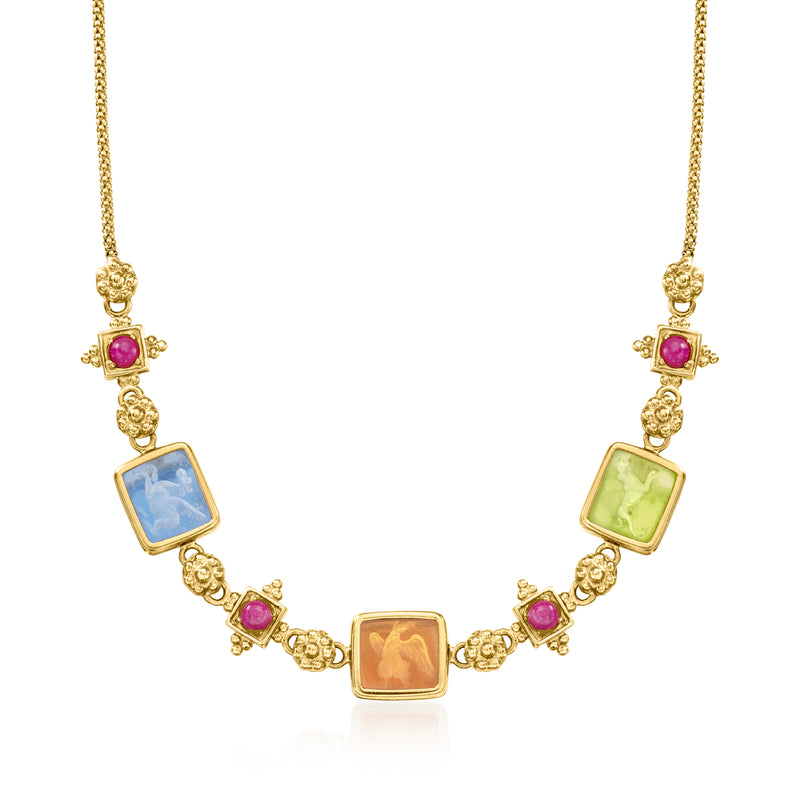 Gold necklace with multicolored square glass charms and pink gemstone accents