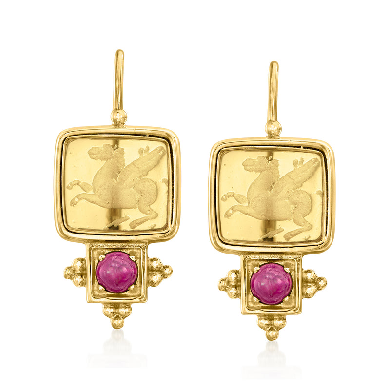 Yellow gold leverback earrings with square Pegasus design and purple ruby stud