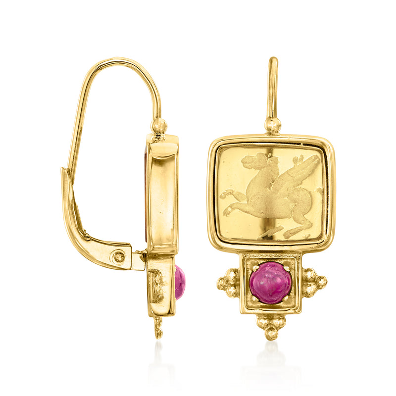 Yellow gold leverback earrings, side view, square Pegasus with purple ruby
