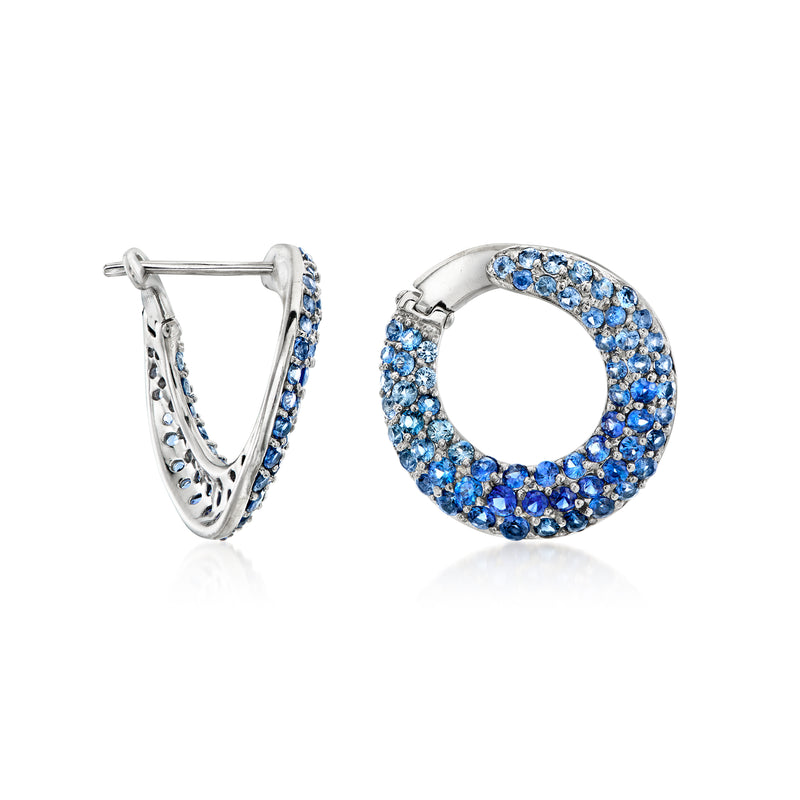 14kt white gold hoop earrings with blue sapphire pavé swirl design
