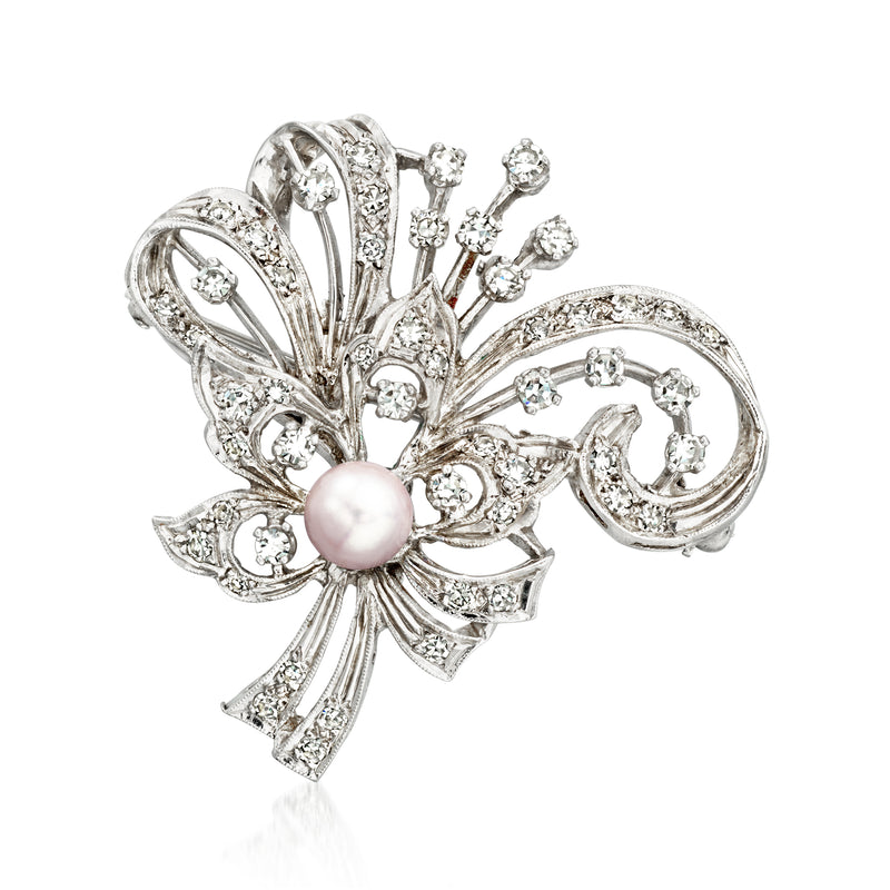 14kt white gold floral pin with cultured pearl center and diamond accents