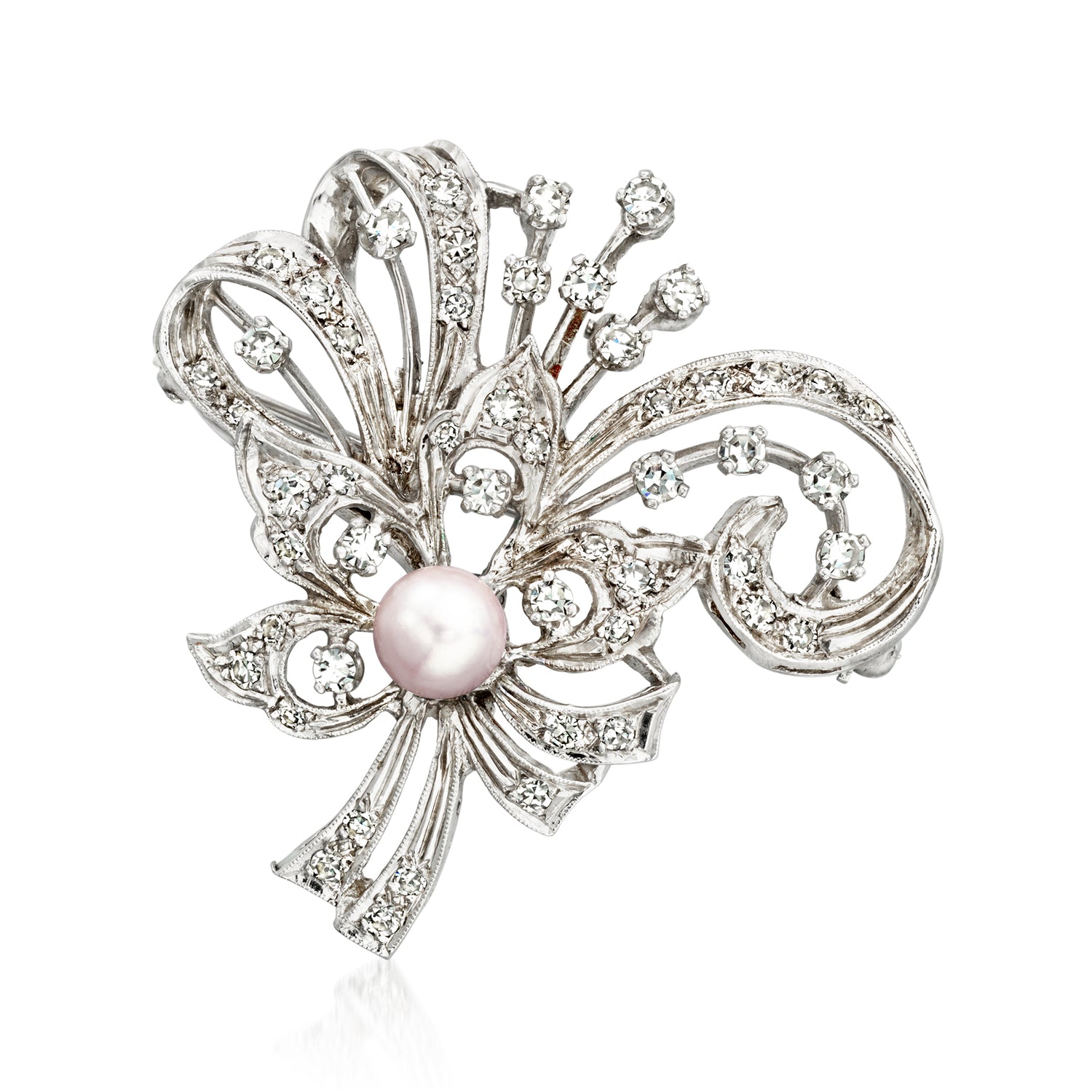 C. 1960 Vintage 6mm Cultured Pearl and 1.45 ct. t.w. Diamond Floral Pin/Pendant in 14kt White Gold
