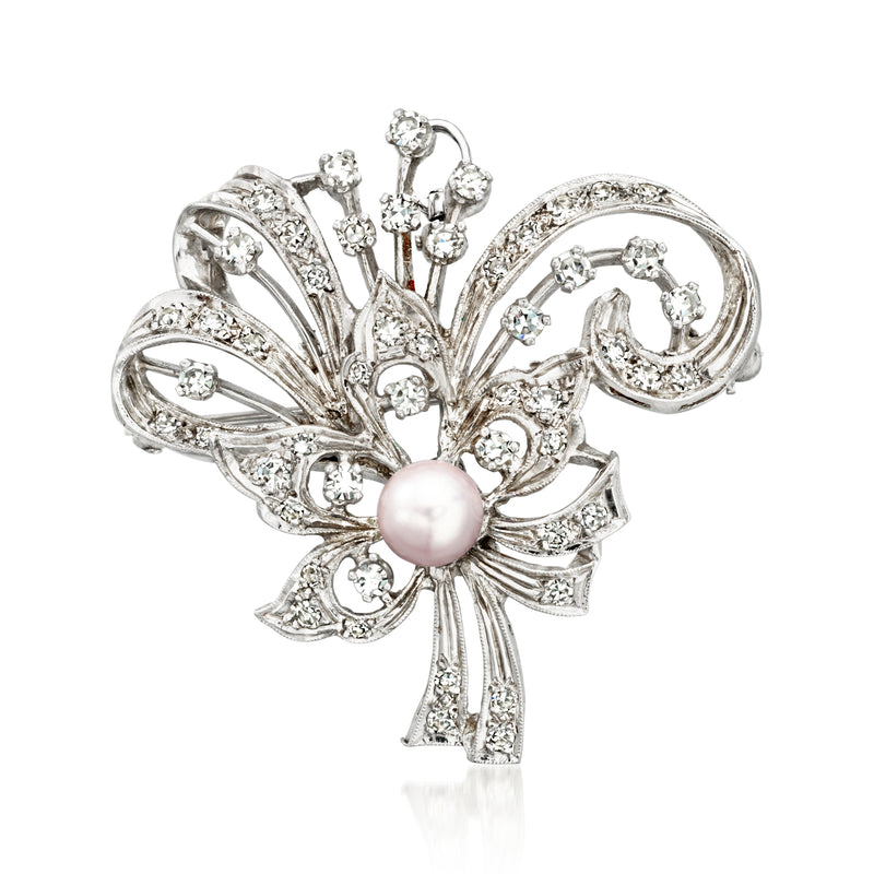 14kt white gold floral pin with pink cultured pearl and glittering diamond accents