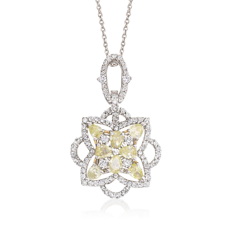 Diamond flower pendant necklace with yellow and white stones on a white gold chain