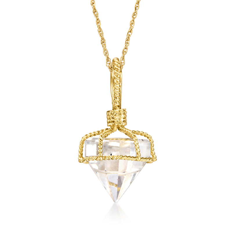 18k yellow gold pendant necklace with faceted simulated white quartz drop