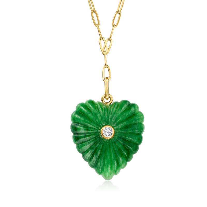 Green carved jade heart pendant necklace with single round diamond in gold