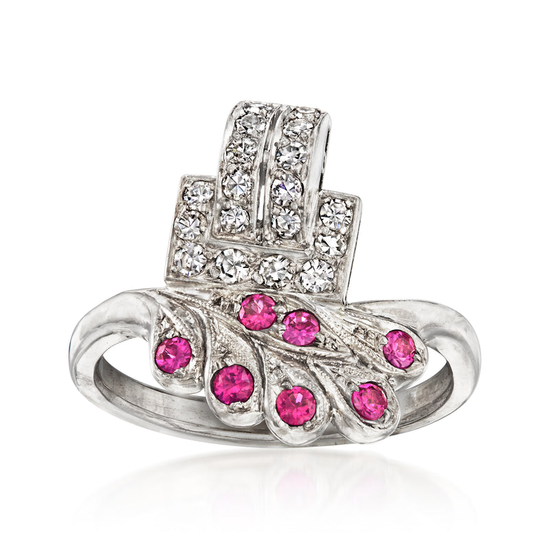 Vintage white gold ring with pink stones and clear diamond accents, size 6