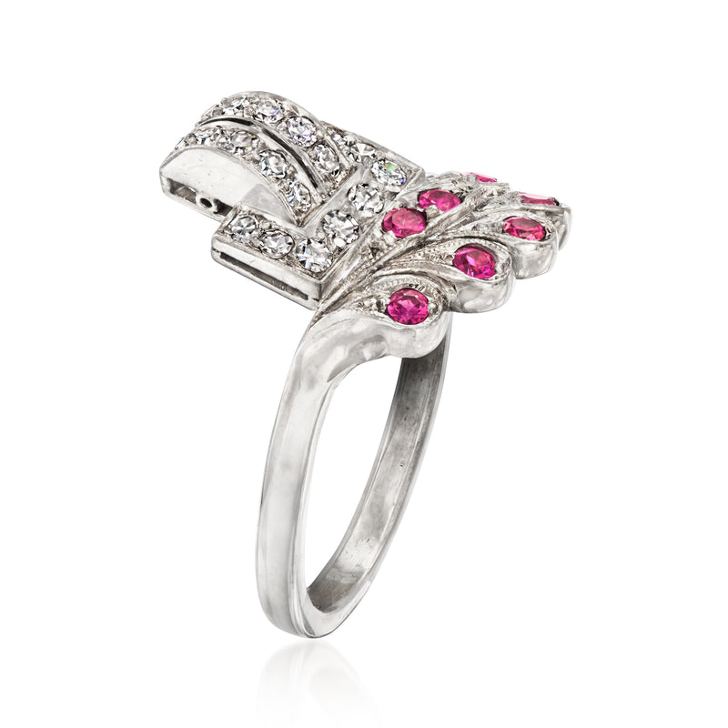 Vintage white gold ring with ruby and diamond leaf design