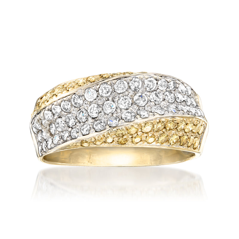 Diamond band ring in 18kt yellow gold with white and yellow pave stones