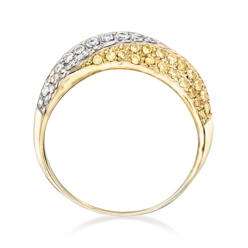 Vintage yellow gold diamond band ring with white and yellow pave stones