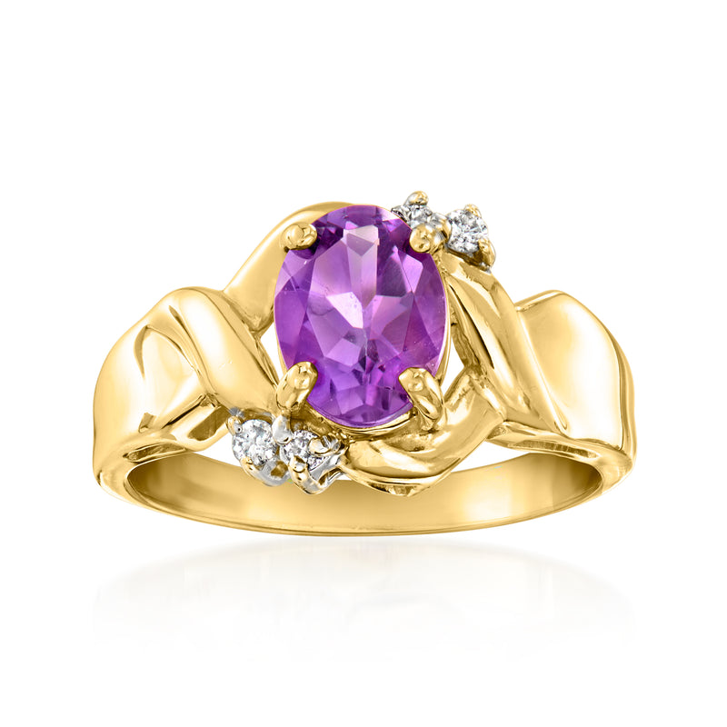 10kt yellow gold amethyst ring with oval purple gemstone and small diamond accents
