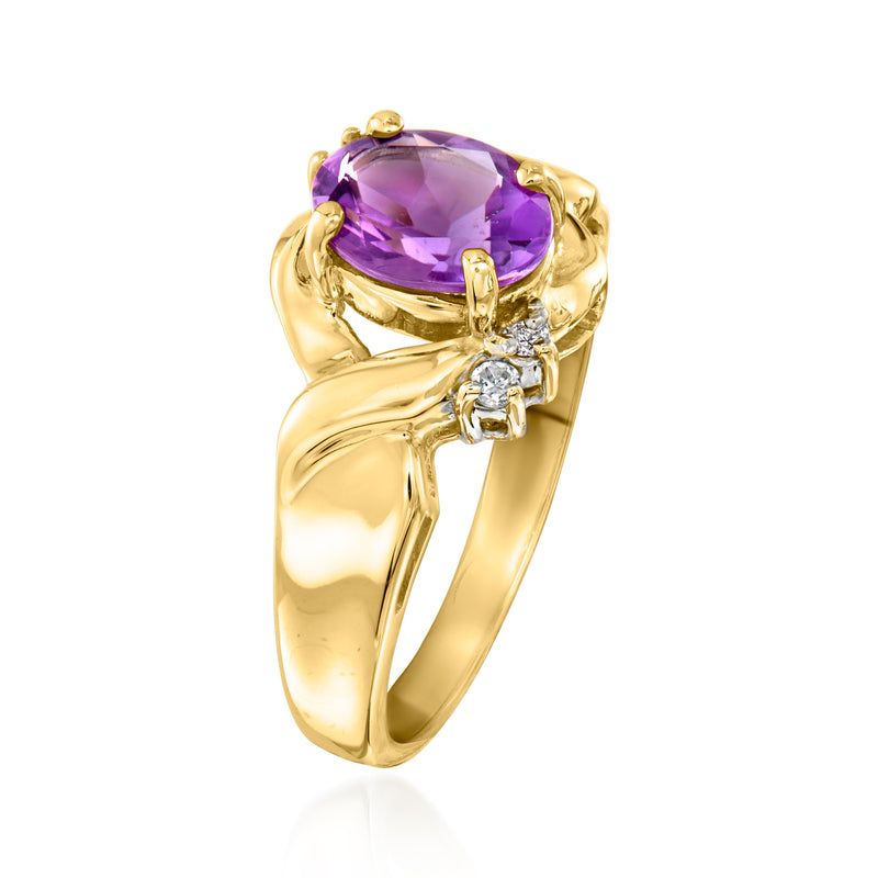 10kt yellow gold ring with oval purple amethyst centerpiece and side diamond stones