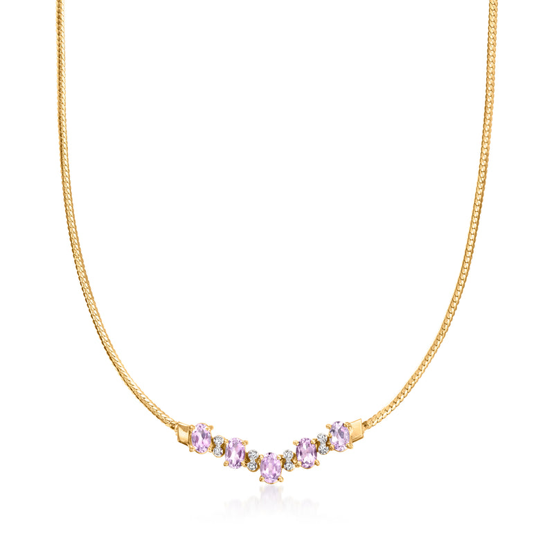 10kt yellow gold necklace with V-shaped row of purple amethyst and diamond accents