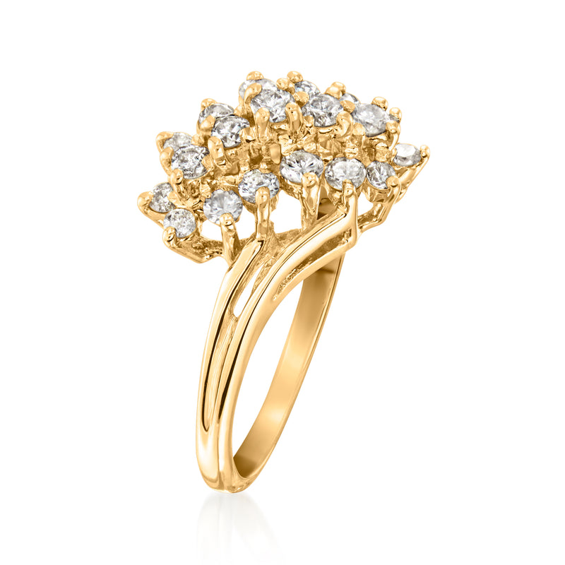 14kt yellow gold diamond cluster ring, angled side view with round stones