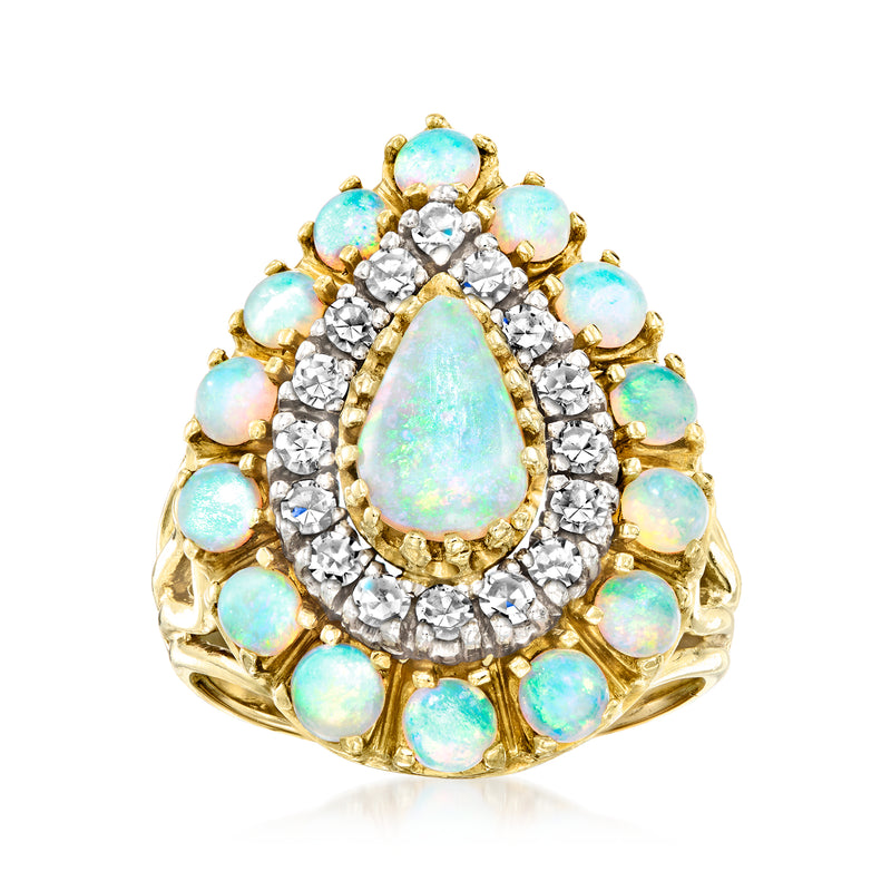 14k yellow gold opal pear-shaped cluster ring with diamond halo, size 6