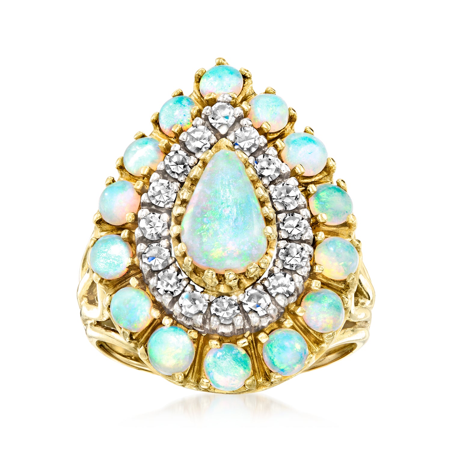C. 1980 Vintage Opal and .50 ct. t.w. Diamond Pear-Shaped Cluster Ring in 14kt Yellow Gold