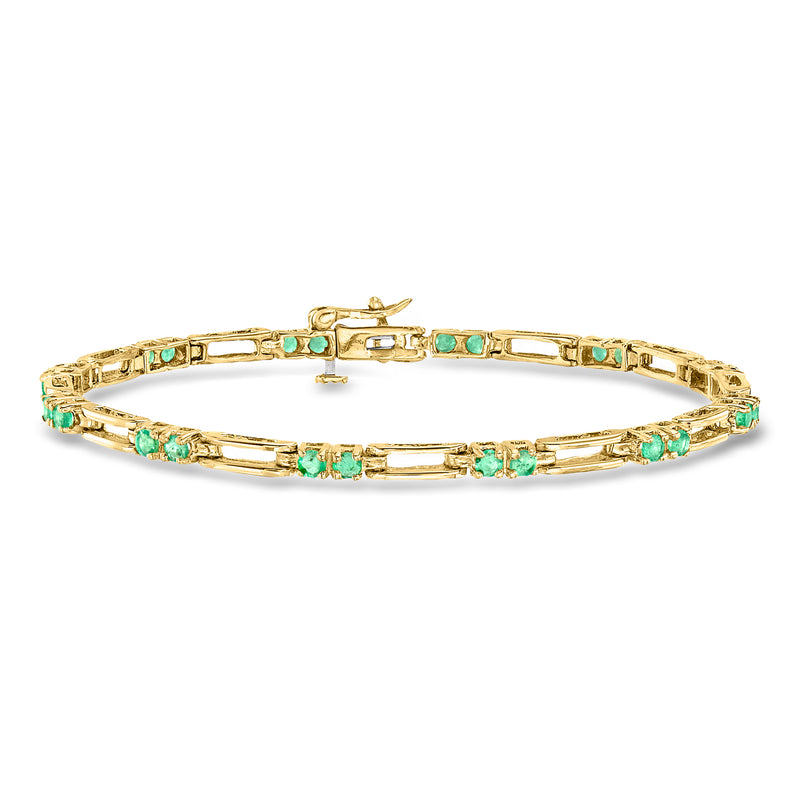 Yellow gold link bracelet with emerald-green gemstones and center clasp