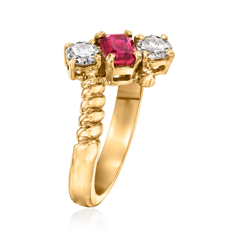 14kt yellow gold bypass ring with ruby center and three diamond stones