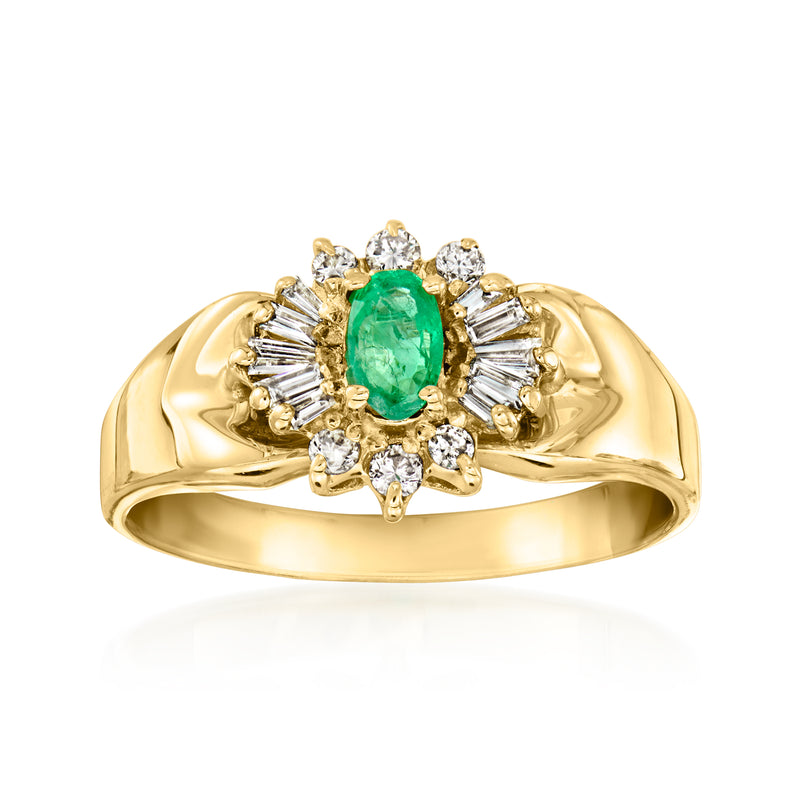 14kt yellow gold ring with oval green center stone and diamond halo