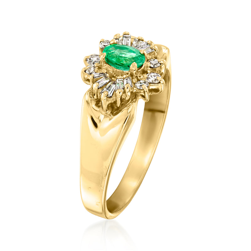 14kt yellow gold ring with green center stone and baguette diamond halo