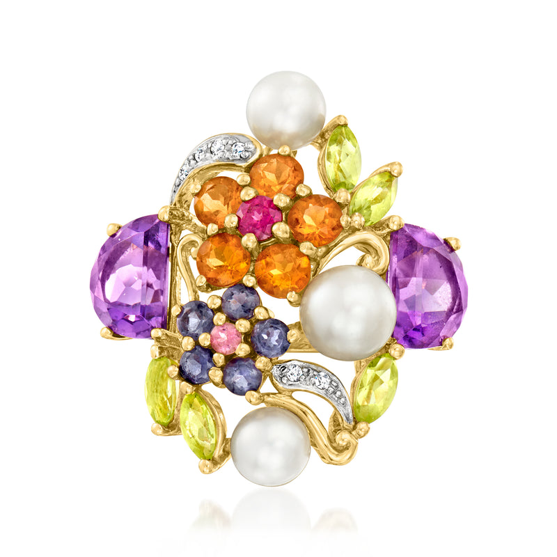 14kt yellow gold floral ring with cultured pearls, purple stones, and diamond accents