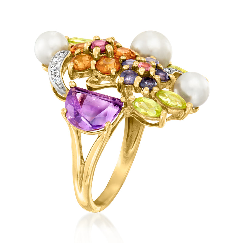 14kt yellow gold floral ring with cultured pearls and large purple gemstone on side