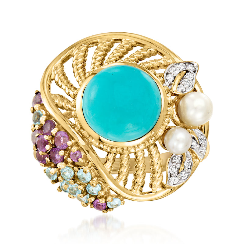 Yellow gold gemstone ring with turquoise oval center, pearls, diamonds, and colored stones