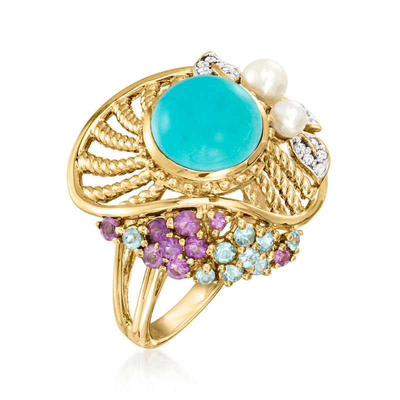 Yellow gold ring with turquoise oval center, pearl cluster, and purple/blue gemstone band