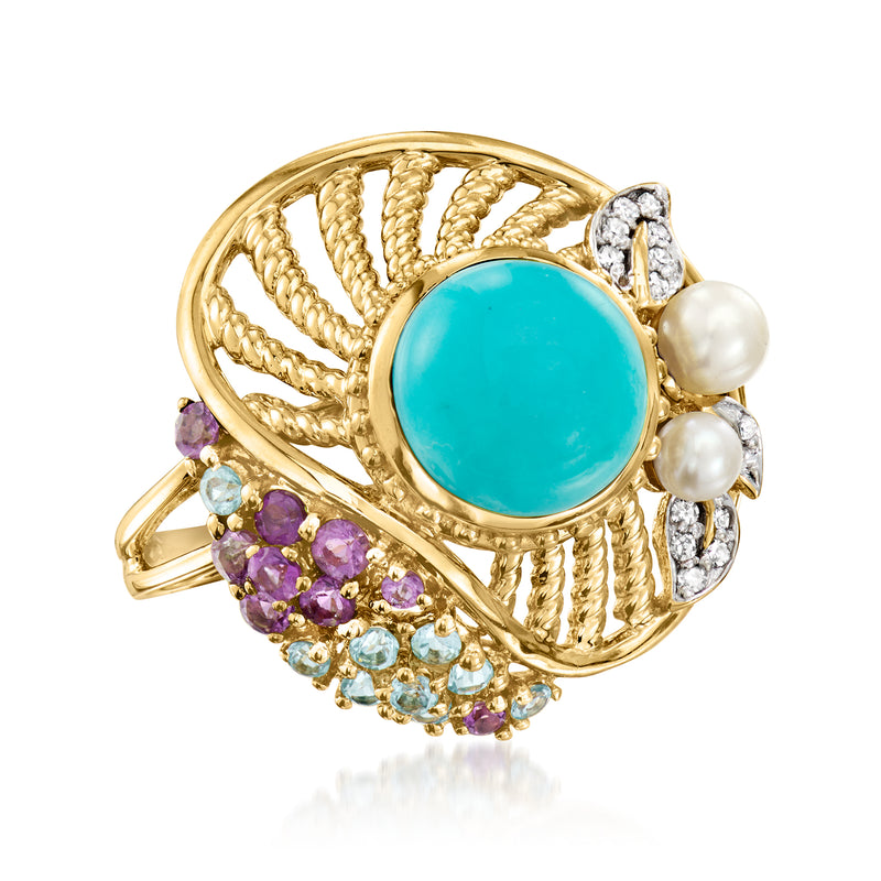 Yellow gold gemstone ring with turquoise oval center, pearls, diamonds, and purple/blue stones