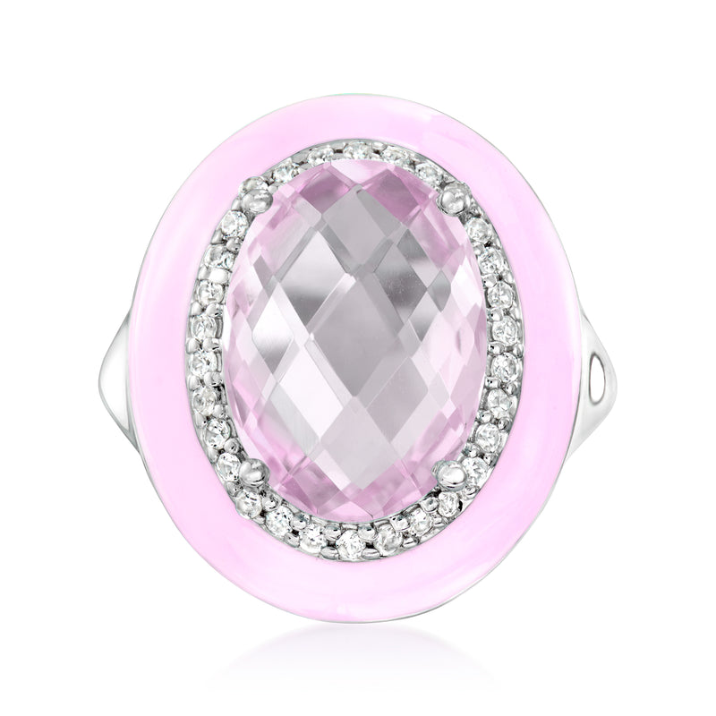 Sterling silver ring with oval amethyst center, diamond halo, pink enamel band