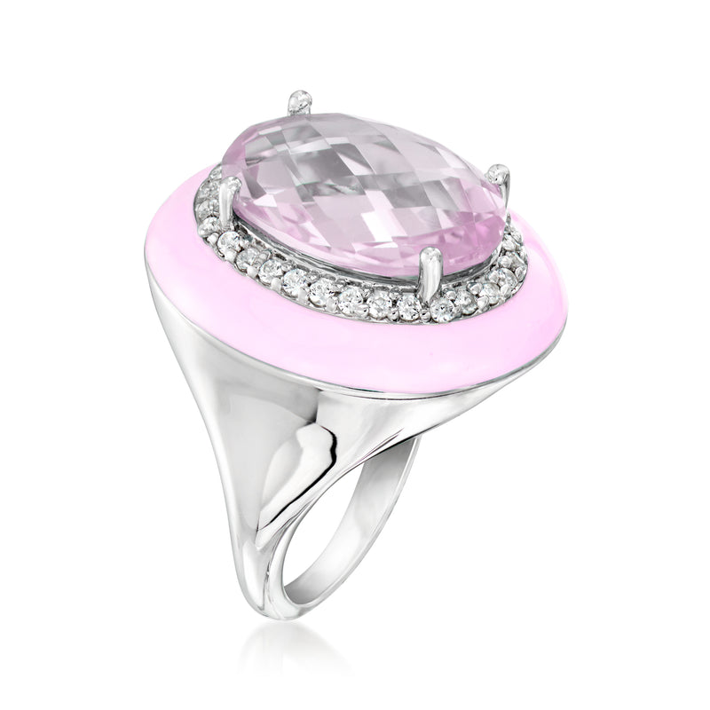 Sterling silver ring with oval amethyst, diamond halo, pastel pink enamel top, open shank