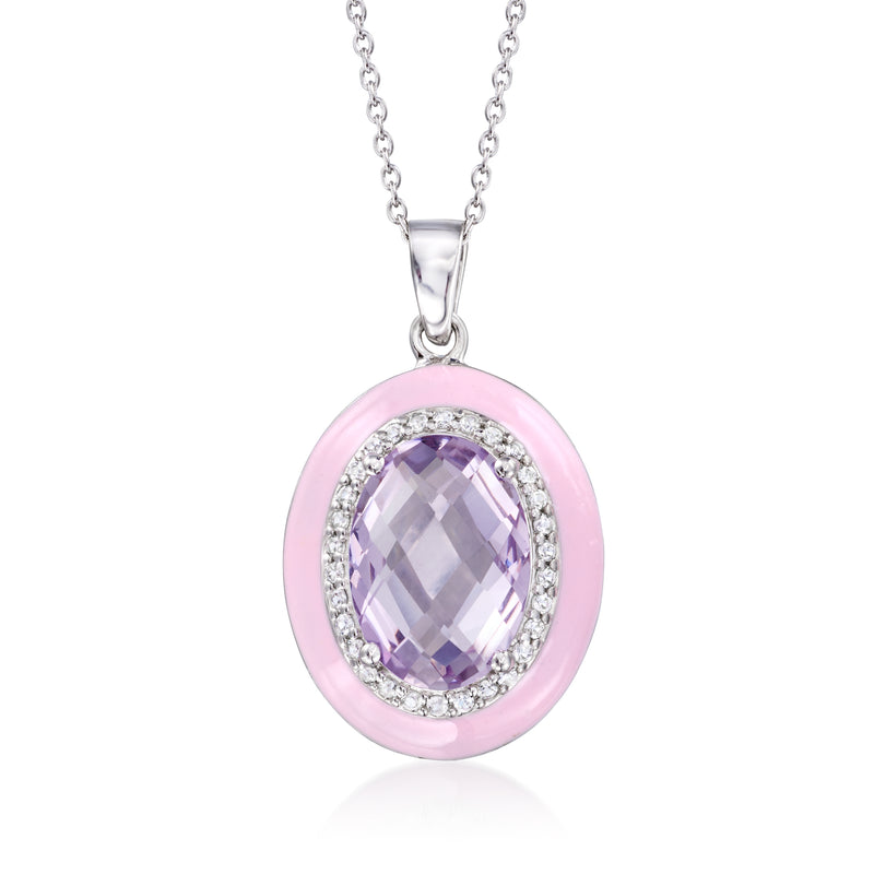 Sterling silver pendant necklace with oval amethyst in pink enamel oval bezel
