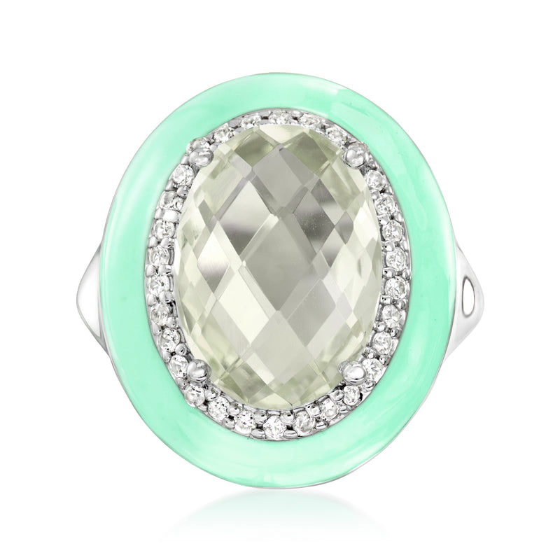 Sterling silver oval prasiolite ring with white zircon halo and mint green enamel