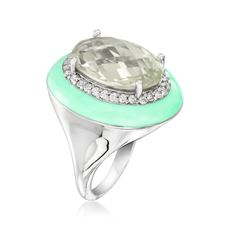 Sterling silver oval prasiolite ring with white zircon halo and mint green enamel top
